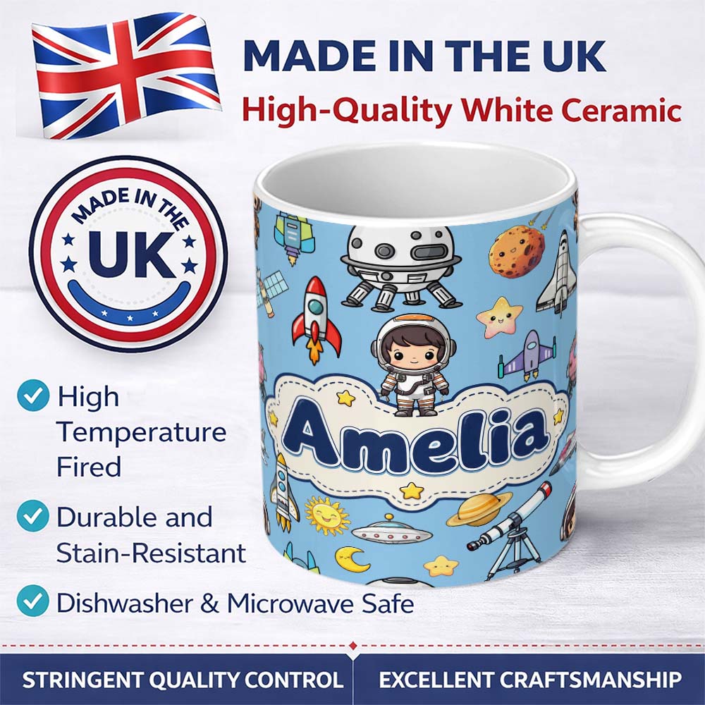 Personalized Custom Name Space Astronaut Rockets UFO Telescope Stars Seamless Blue 11oz Ceramic Coffee Tea Mug White Large Handle