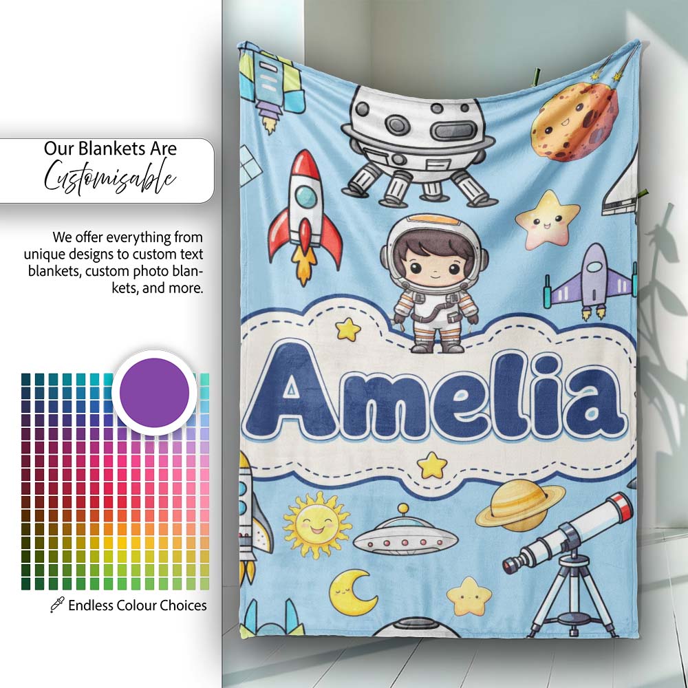 Space Astronaut Rockets UFO Telescope Stars Seamless Blue Personalised Custom Name Super Soft Fleece Blanket Bed Sofa Throw