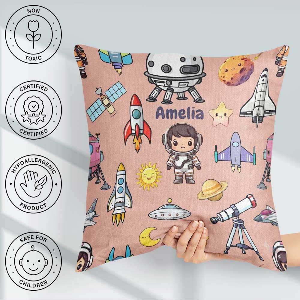 Custom Name Space Astronaut Rockets UFO Telescope Stars Seamless Square Filled Cushion Throw Pillow Sofa Bed Home Decor Zip Washable UK Made