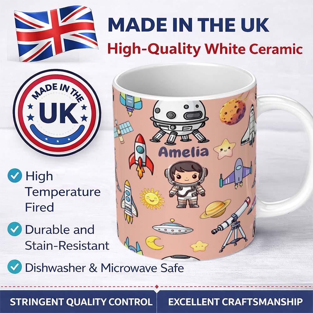 Personalized Custom Name Space Astronaut Rockets UFO Telescope Stars Seamless Peach 11oz Ceramic Coffee Tea Mug White Large Handle