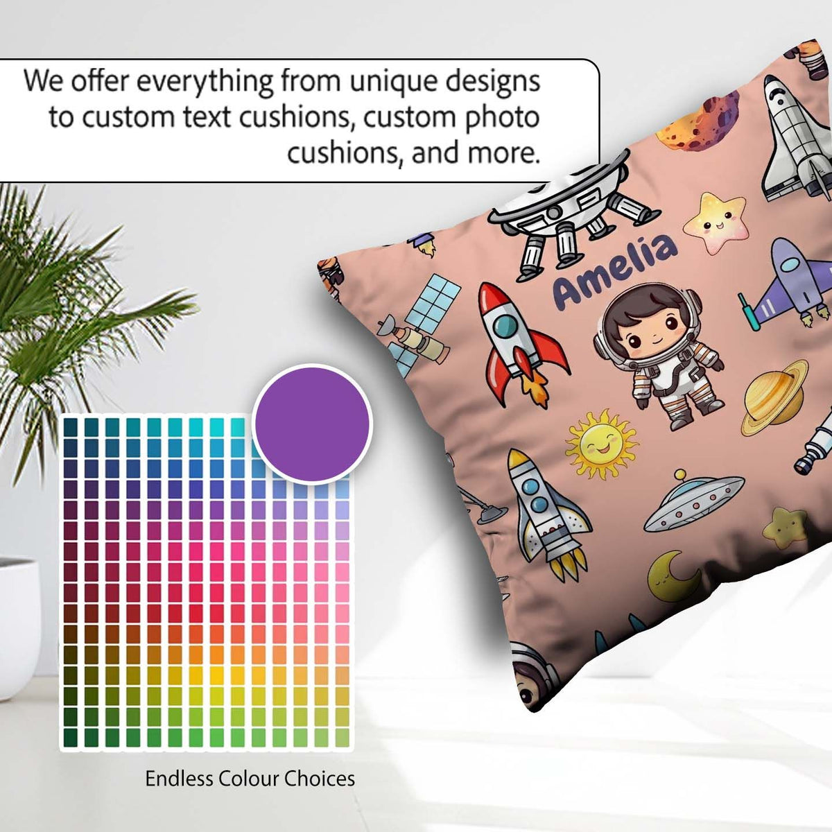 Custom Name Space Astronaut Rockets UFO Telescope Stars Seamless Square Filled Cushion Throw Pillow Sofa Bed Home Decor Zip Washable UK Made