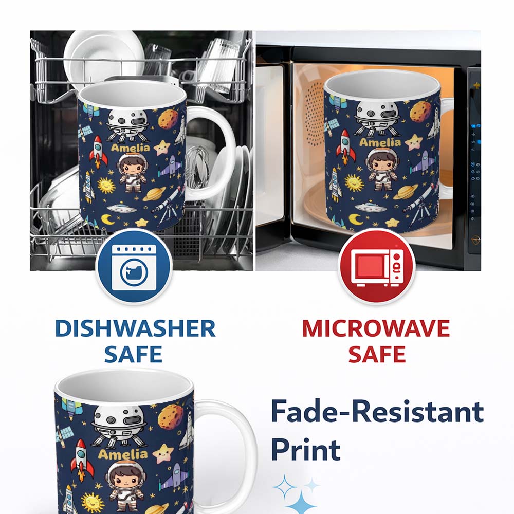 Personalized Custom Name Space Astronaut Rockets UFO Telescope Stars Seamless Navy Blue 11oz Ceramic Coffee Tea Mug White Large Handle