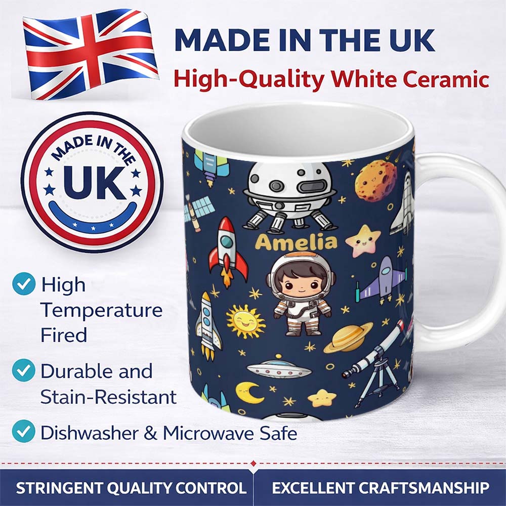 Personalized Custom Name Space Astronaut Rockets UFO Telescope Stars Seamless Navy Blue 11oz Ceramic Coffee Tea Mug White Large Handle
