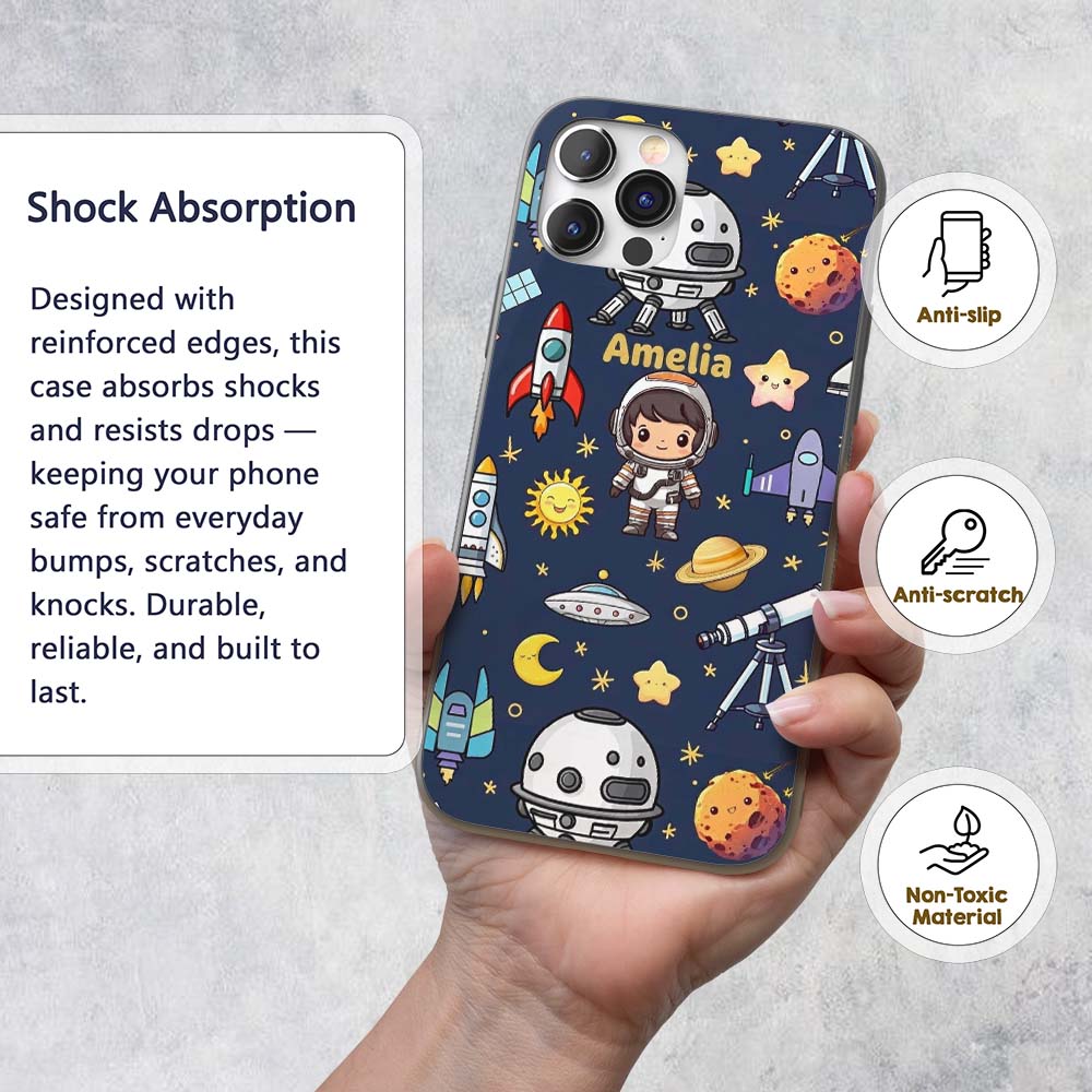 Space Astronaut Rockets UFO Decorative Design Custom Name Protective Phone Case Mobile Cover Durable Everyday Smartphone Shock Resistant