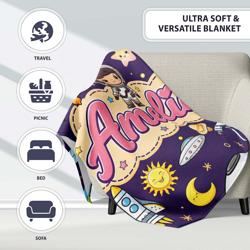 Space Astronaut Rockets UFO Telescope Stars Seamless Deep Purple Personalised Custom Name Super Soft Fleece Blanket Bed Sofa Throw