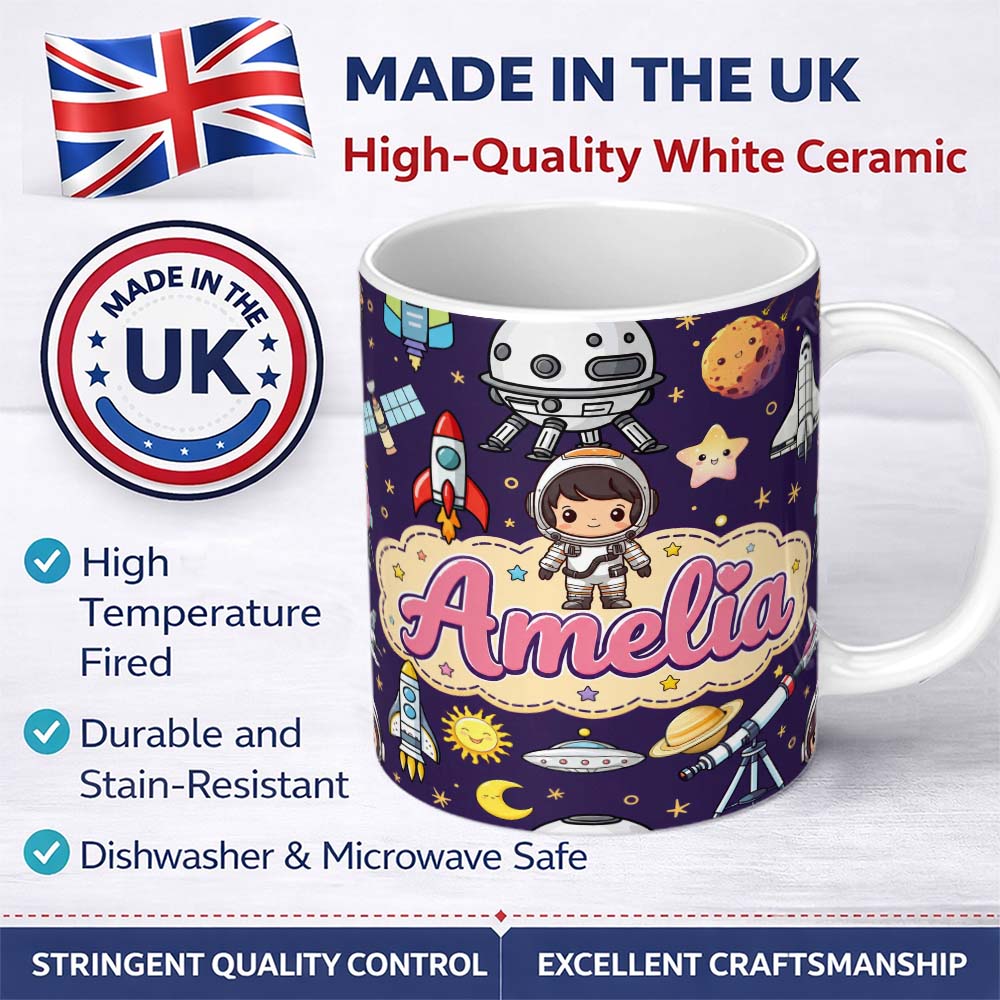Personalized Custom Name Space Astronaut Rockets UFO Telescope Stars Seamless Deep Purple 11oz Ceramic Coffee Tea Mug White Large Handle