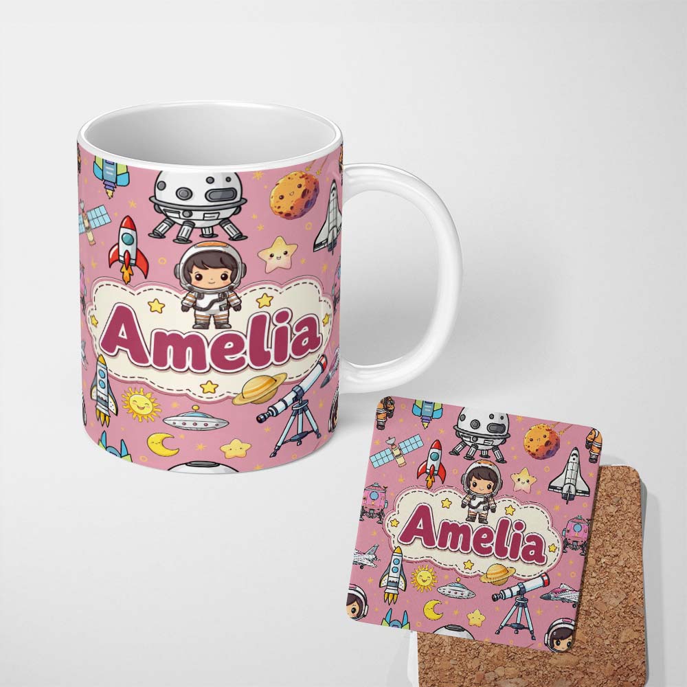 Personalized Custom Name Space Astronaut Rockets UFO Telescope Stars Seamless Pink 11oz Ceramic Coffee Tea Mug White Large Handle