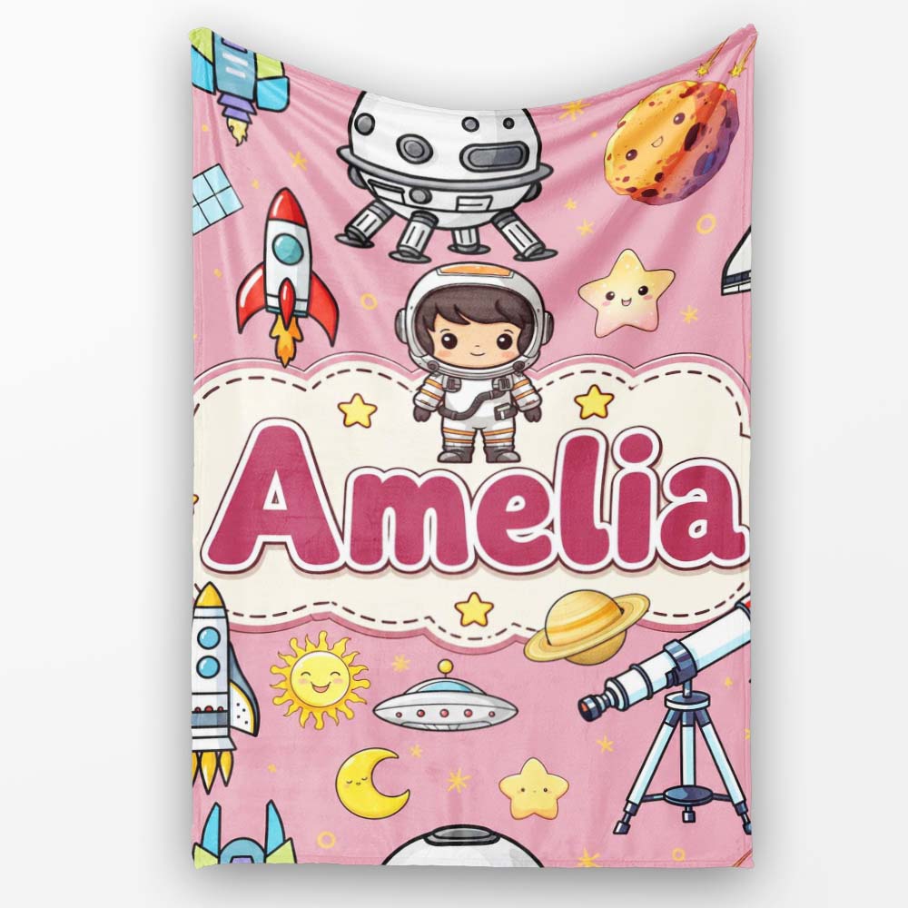 Space Astronaut Rockets UFO Telescope Stars Seamless Pink Personalised Custom Name Super Soft Fleece Blanket Bed Sofa Throw