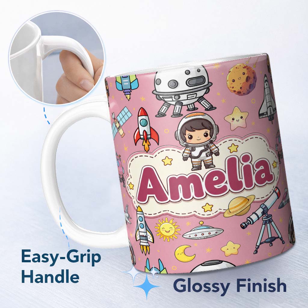 Personalized Custom Name Space Astronaut Rockets UFO Telescope Stars Seamless Pink 11oz Ceramic Coffee Tea Mug White Large Handle