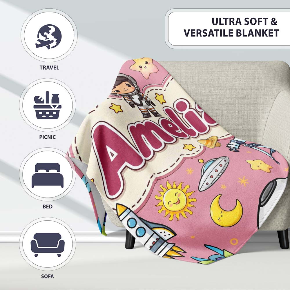 Space Astronaut Rockets UFO Telescope Stars Seamless Pink Personalised Custom Name Super Soft Fleece Blanket Bed Sofa Throw
