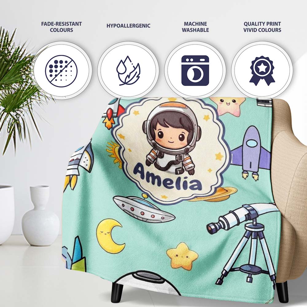 Space Astronaut Rockets UFO Telescope Stars Seamless Mint Green Personalised Custom Name Super Soft Fleece Blanket Bed Sofa Throw
