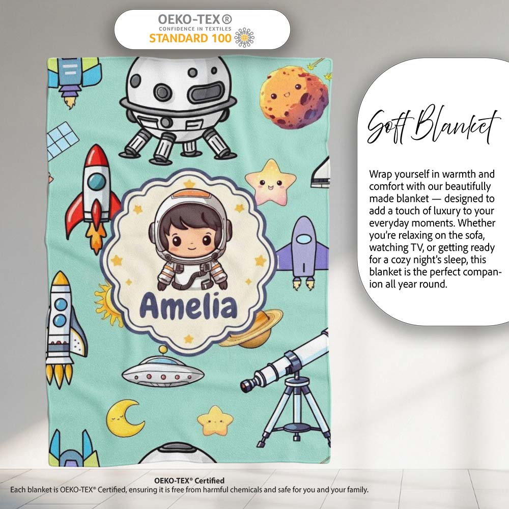 Space Astronaut Rockets UFO Telescope Stars Seamless Mint Green Personalised Custom Name Super Soft Fleece Blanket Bed Sofa Throw