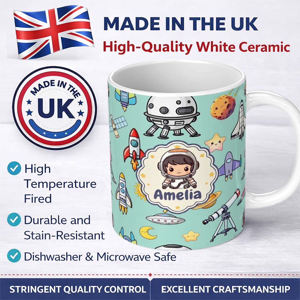 Personalized Custom Name Space Astronaut Rockets UFO Telescope Stars Seamless Mint Green 11oz Ceramic Coffee Tea Mug White Large Handle