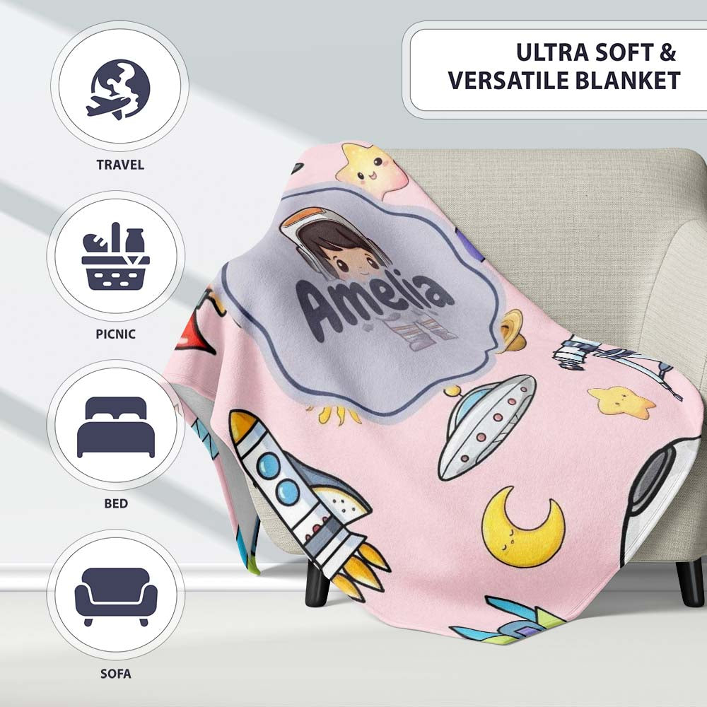 Space Astronaut Rockets UFO Telescope Stars Seamless Blush Green Personalised Custom Name Super Soft Fleece Blanket Bed Sofa Throw