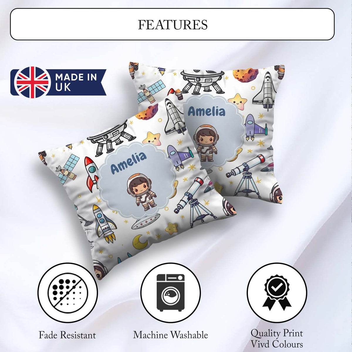 Custom Name Space Astronaut Rockets UFO Telescope Stars Seamless Square Filled Cushion Throw Pillow Sofa Bed Home Decor Zip Washable UK Made