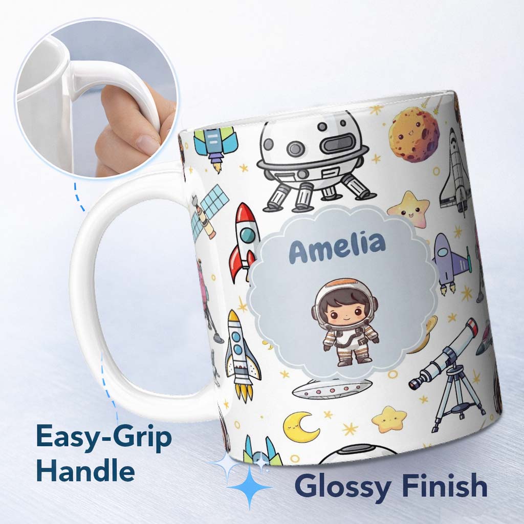 Personalized Custom Name Space Astronaut Rockets UFO Telescope Stars Seamless Light Grey 11oz Ceramic Coffee Tea Mug White Large Handle