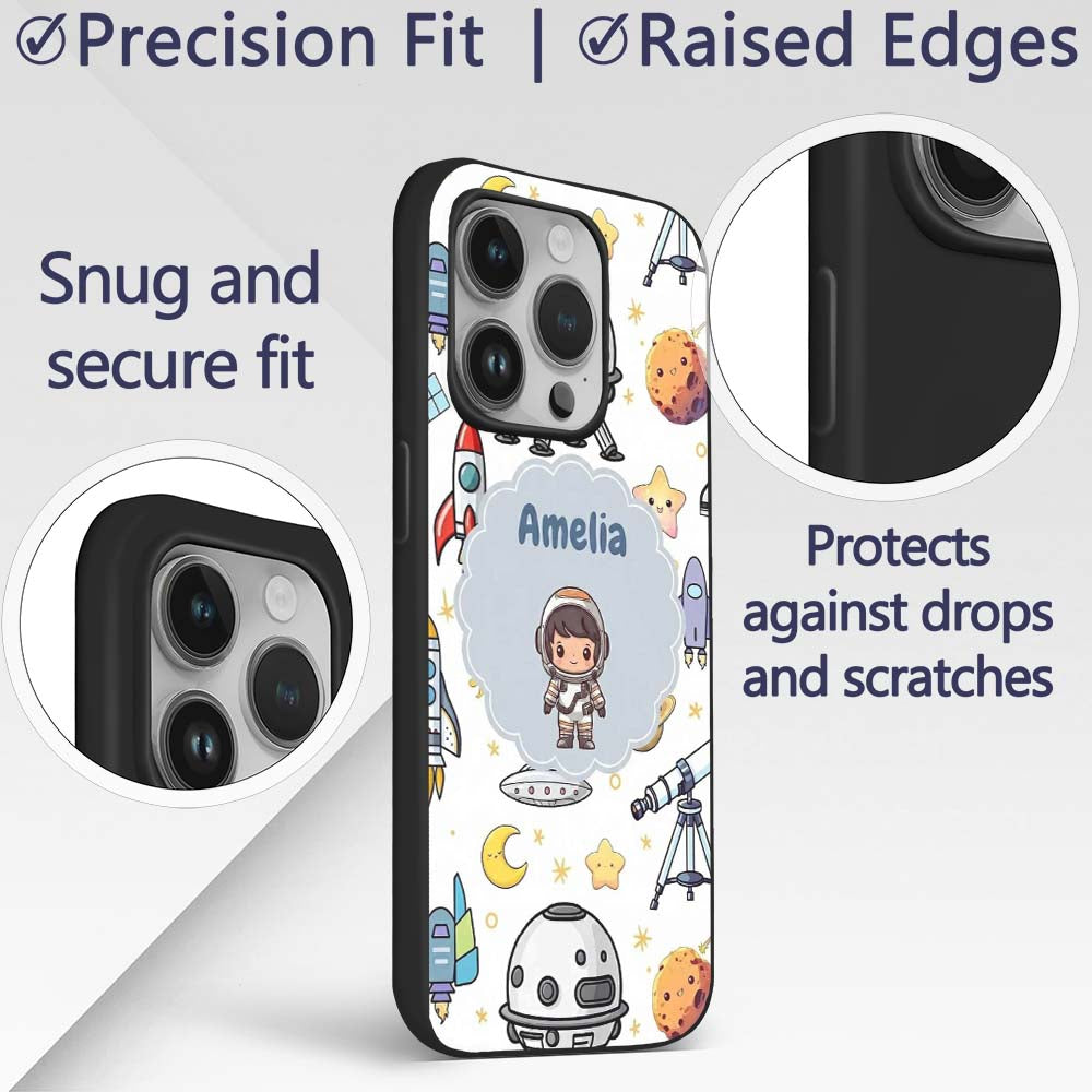 Space Astronaut Rockets UFO Decorative Design Custom Name Protective Phone Case Mobile Cover Durable Everyday Smartphone Shock Resistant