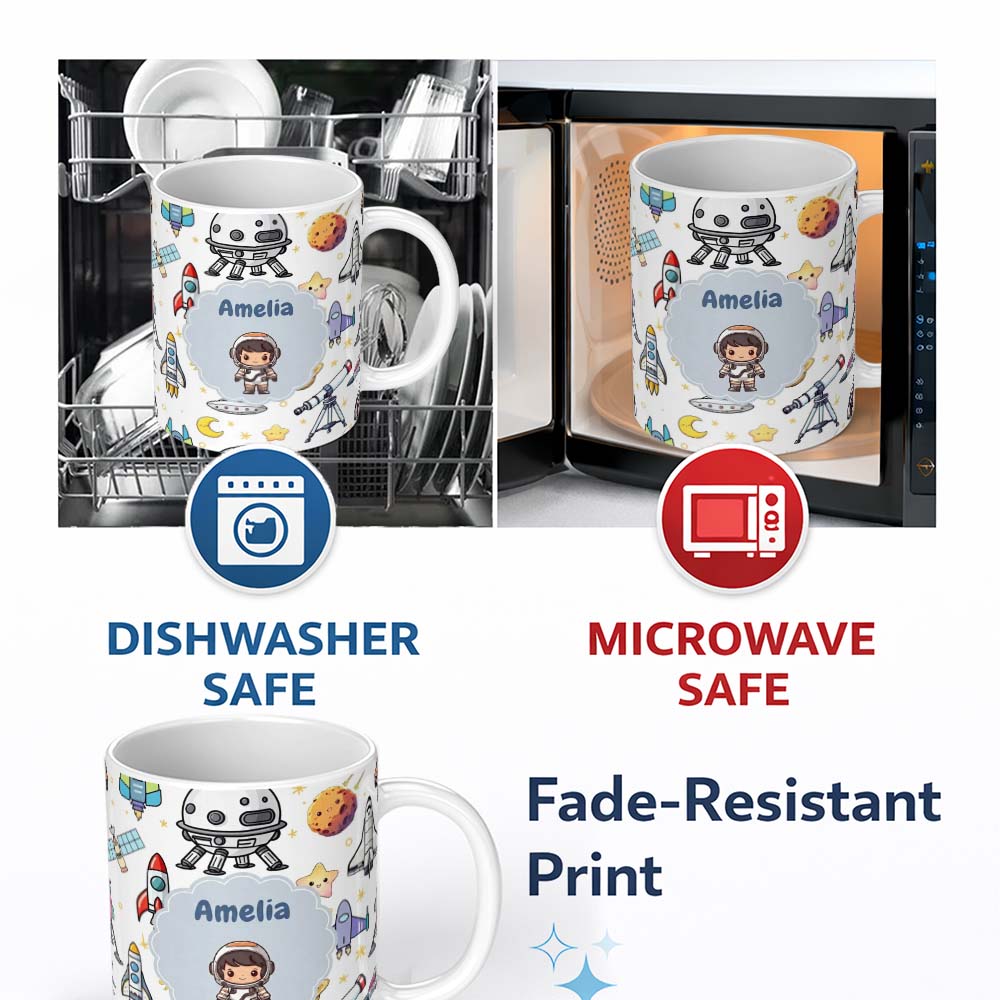 Personalized Custom Name Space Astronaut Rockets UFO Telescope Stars Seamless Light Grey 11oz Ceramic Coffee Tea Mug White Large Handle
