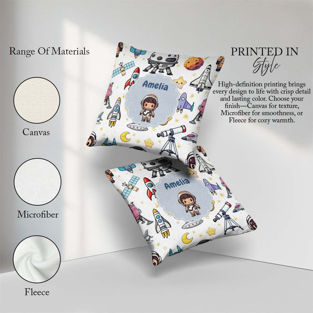 Custom Name Space Astronaut Rockets UFO Telescope Stars Seamless Square Filled Cushion Throw Pillow Sofa Bed Home Decor Zip Washable UK Made