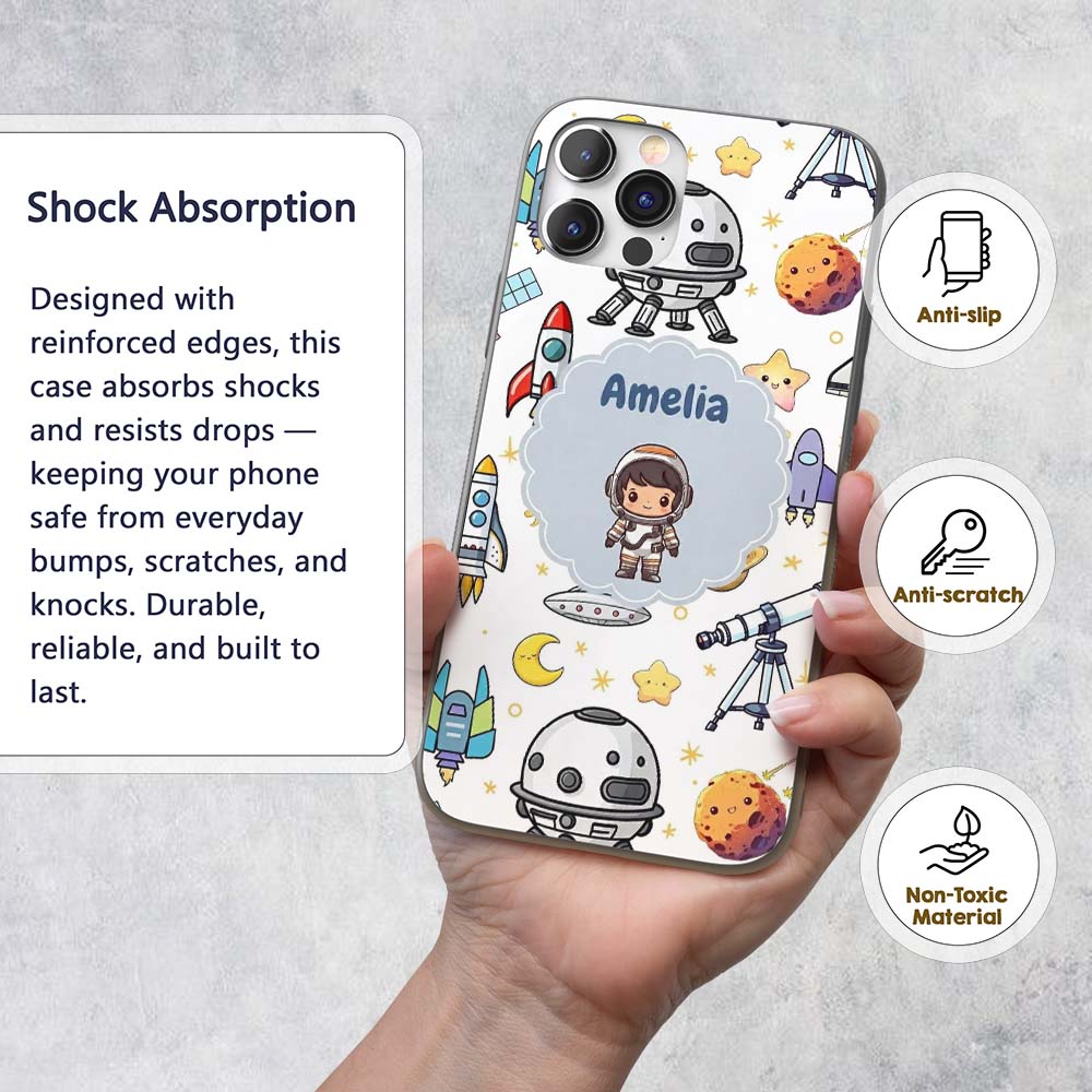 Space Astronaut Rockets UFO Decorative Design Custom Name Protective Phone Case Mobile Cover Durable Everyday Smartphone Shock Resistant