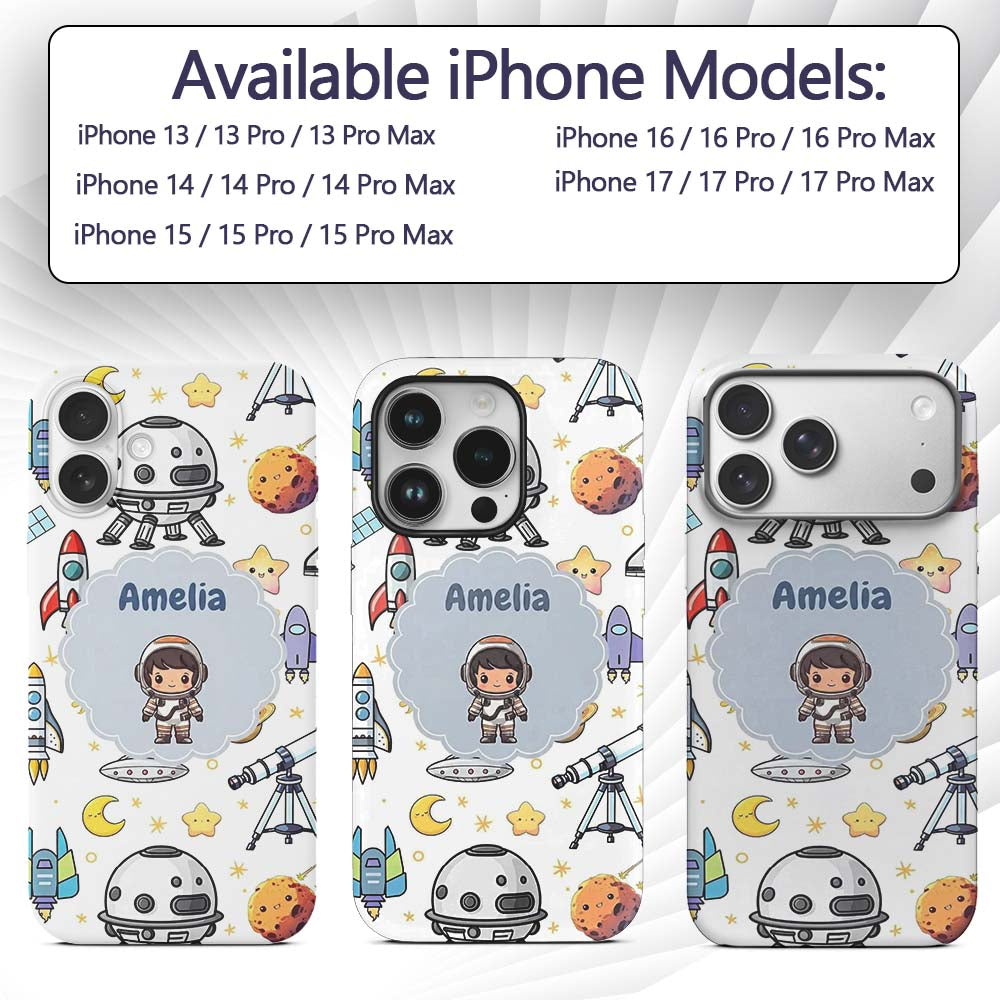 Space Astronaut Rockets UFO Decorative Design Custom Name Protective Phone Case Mobile Cover Durable Everyday Smartphone Shock Resistant