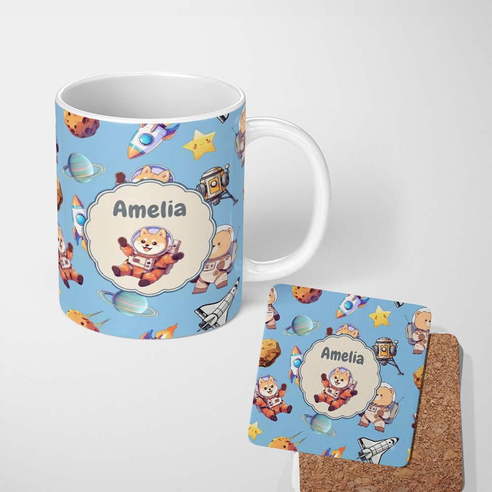 Personalized Custom Name Space Dog Bear Astronaut Rockets Planets Stars Seamless Blue 11oz Ceramic Coffee Tea Mug White Large Handle
