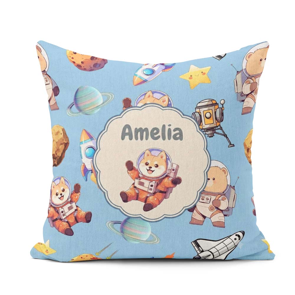 Custom Name Space Dog Bear Astronaut Rockets Stars Seamless Blue Square Filled Cushion Throw Pillow Sofa Bed Home Decor Zip Washable UK Made