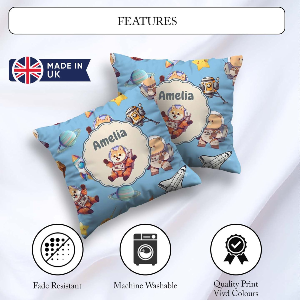 Custom Name Space Dog Bear Astronaut Rockets Stars Seamless Blue Square Filled Cushion Throw Pillow Sofa Bed Home Decor Zip Washable UK Made
