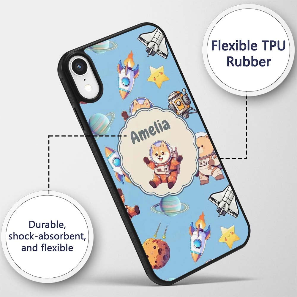 Space Dog Bear Astronaut Rockets Planets Stars Custom Name Protective Phone Case Mobile Cover Durable Everyday Smartphone Shock Resistant