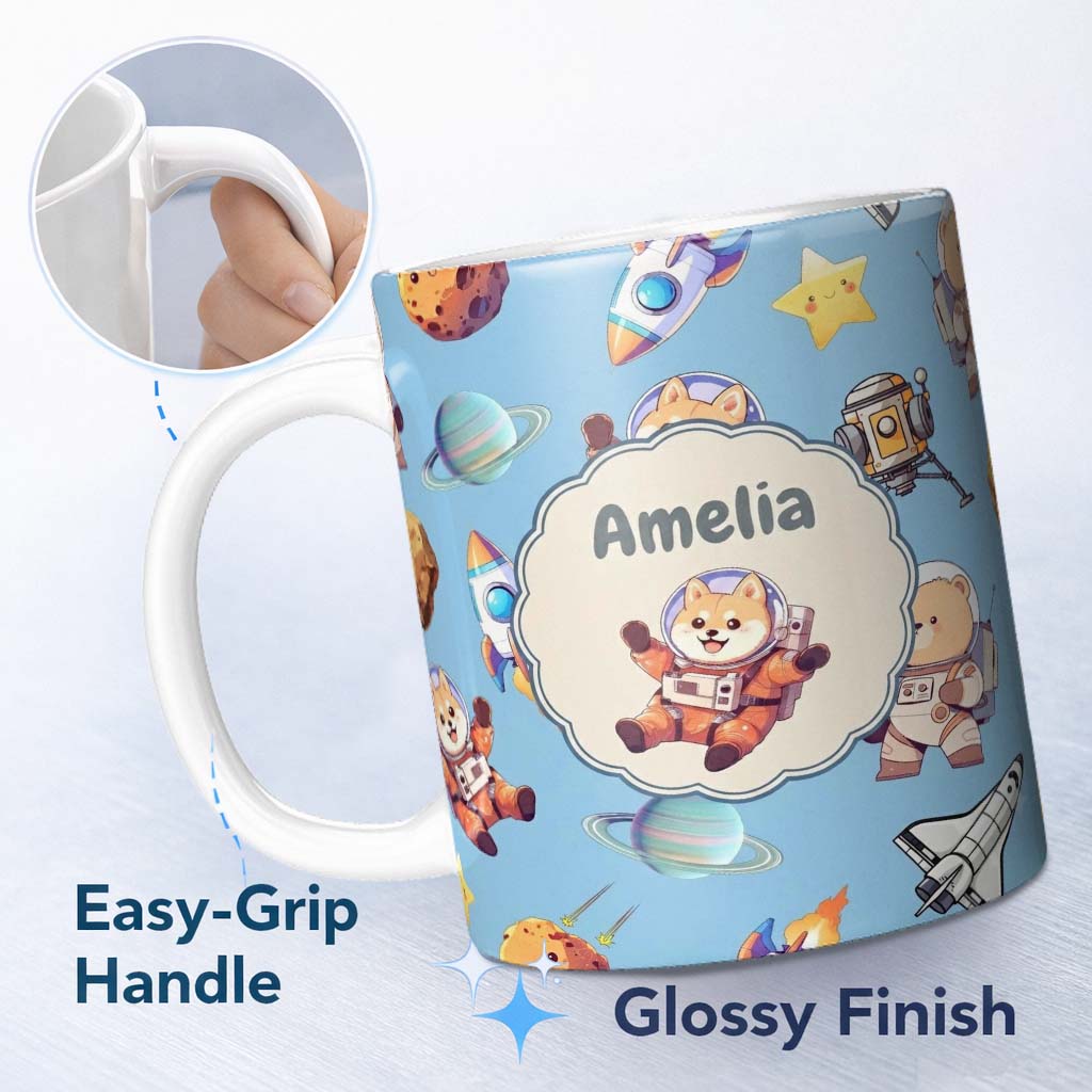 Personalized Custom Name Space Dog Bear Astronaut Rockets Planets Stars Seamless Blue 11oz Ceramic Coffee Tea Mug White Large Handle