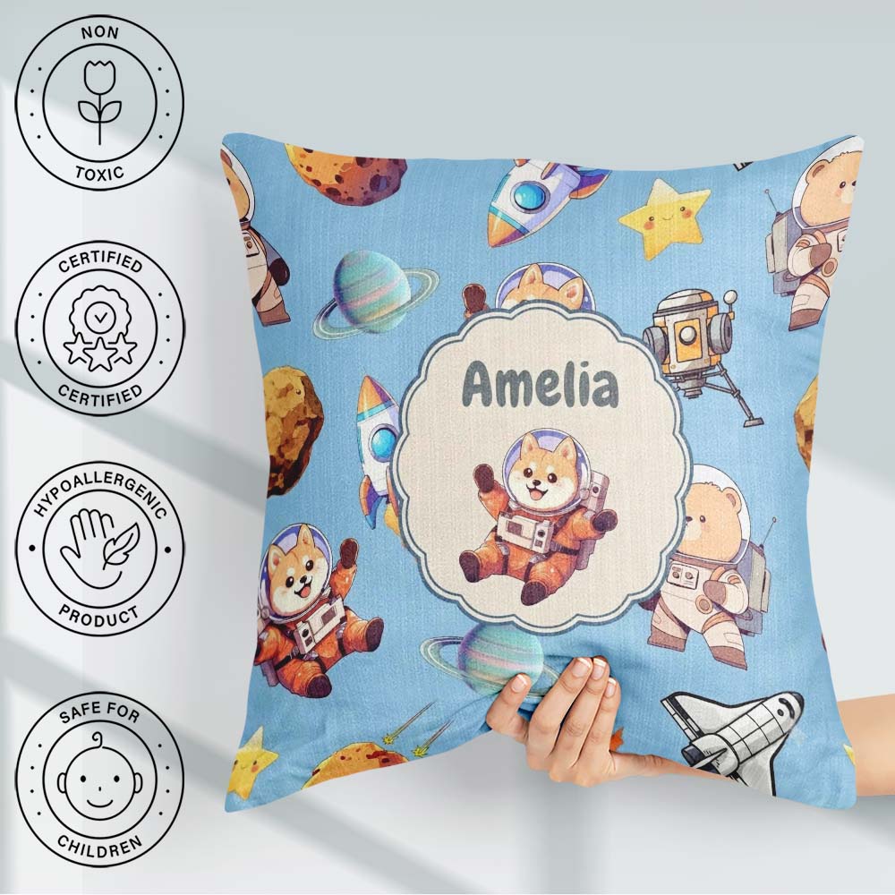Custom Name Space Dog Bear Astronaut Rockets Stars Seamless Blue Square Filled Cushion Throw Pillow Sofa Bed Home Decor Zip Washable UK Made
