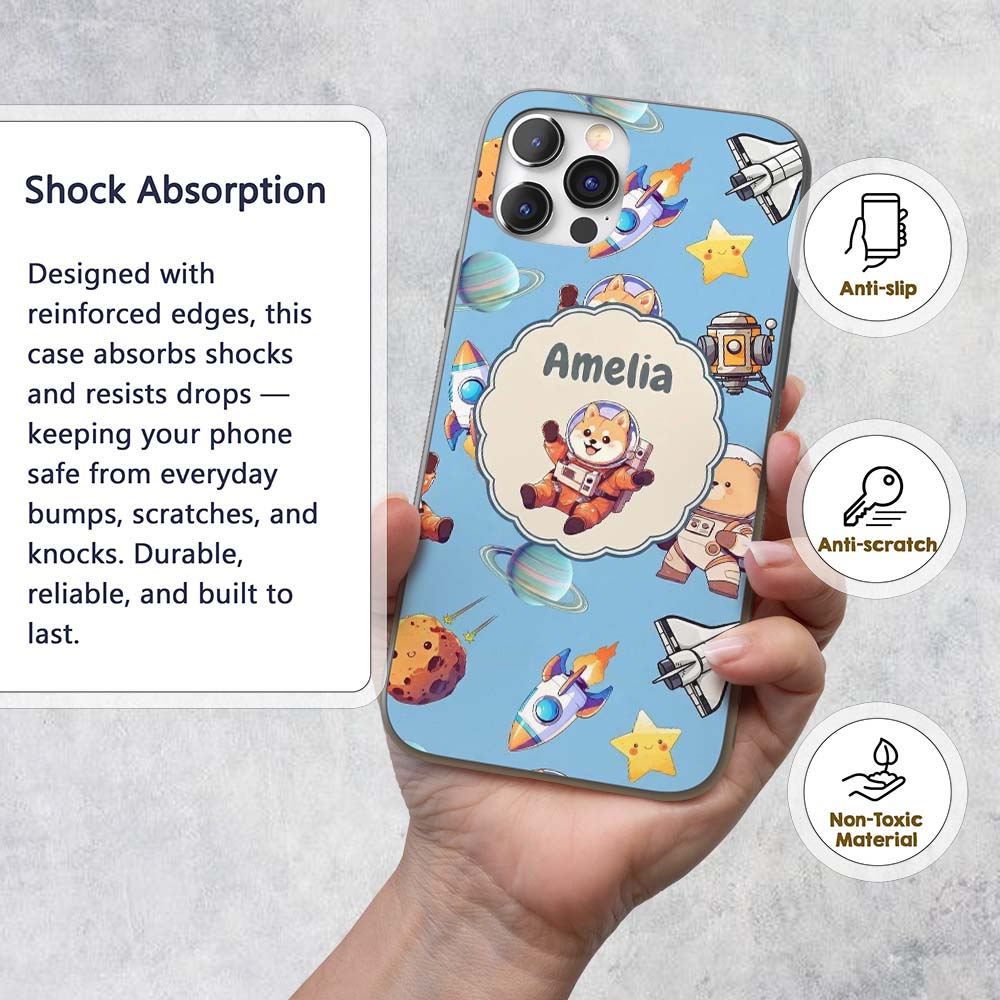 Space Dog Bear Astronaut Rockets Planets Stars Custom Name Protective Phone Case Mobile Cover Durable Everyday Smartphone Shock Resistant