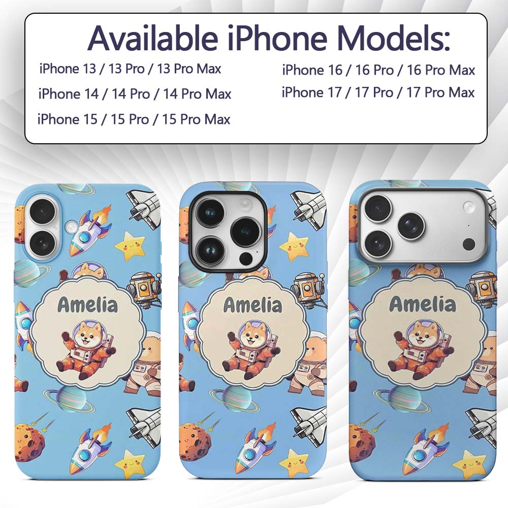 Space Dog Bear Astronaut Rockets Planets Stars Custom Name Protective Phone Case Mobile Cover Durable Everyday Smartphone Shock Resistant