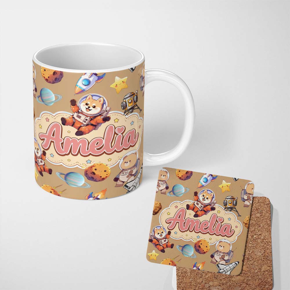 Personalized Custom Name Space Dog Bear Astronaut Rockets Planets Stars Seamless Beige 11oz Ceramic Coffee Tea Mug White Large Handle