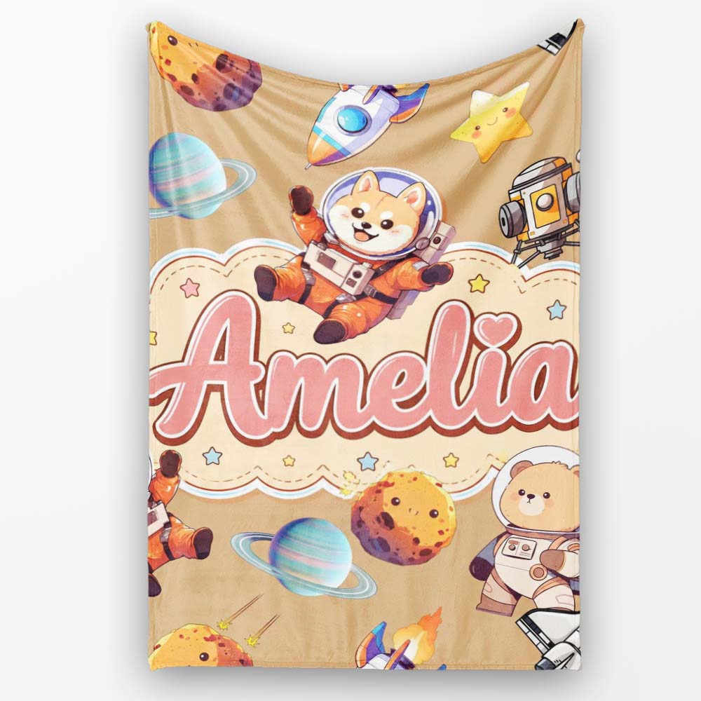 Space Dog Bear Astronaut Rockets Planets Stars Seamless Beige Personalised Custom Name Super Soft Fleece Blanket Bed Sofa Throw