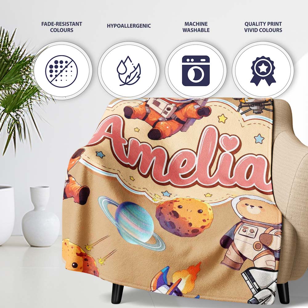 Space Dog Bear Astronaut Rockets Planets Stars Seamless Beige Personalised Custom Name Super Soft Fleece Blanket Bed Sofa Throw