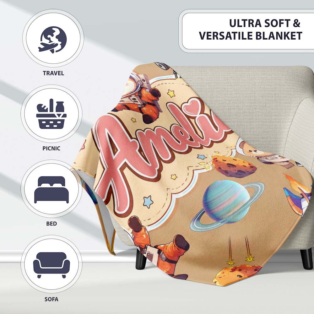 Space Dog Bear Astronaut Rockets Planets Stars Seamless Beige Personalised Custom Name Super Soft Fleece Blanket Bed Sofa Throw