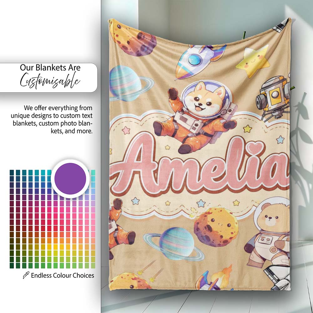 Space Dog Bear Astronaut Rockets Planets Stars Seamless Beige Personalised Custom Name Super Soft Fleece Blanket Bed Sofa Throw