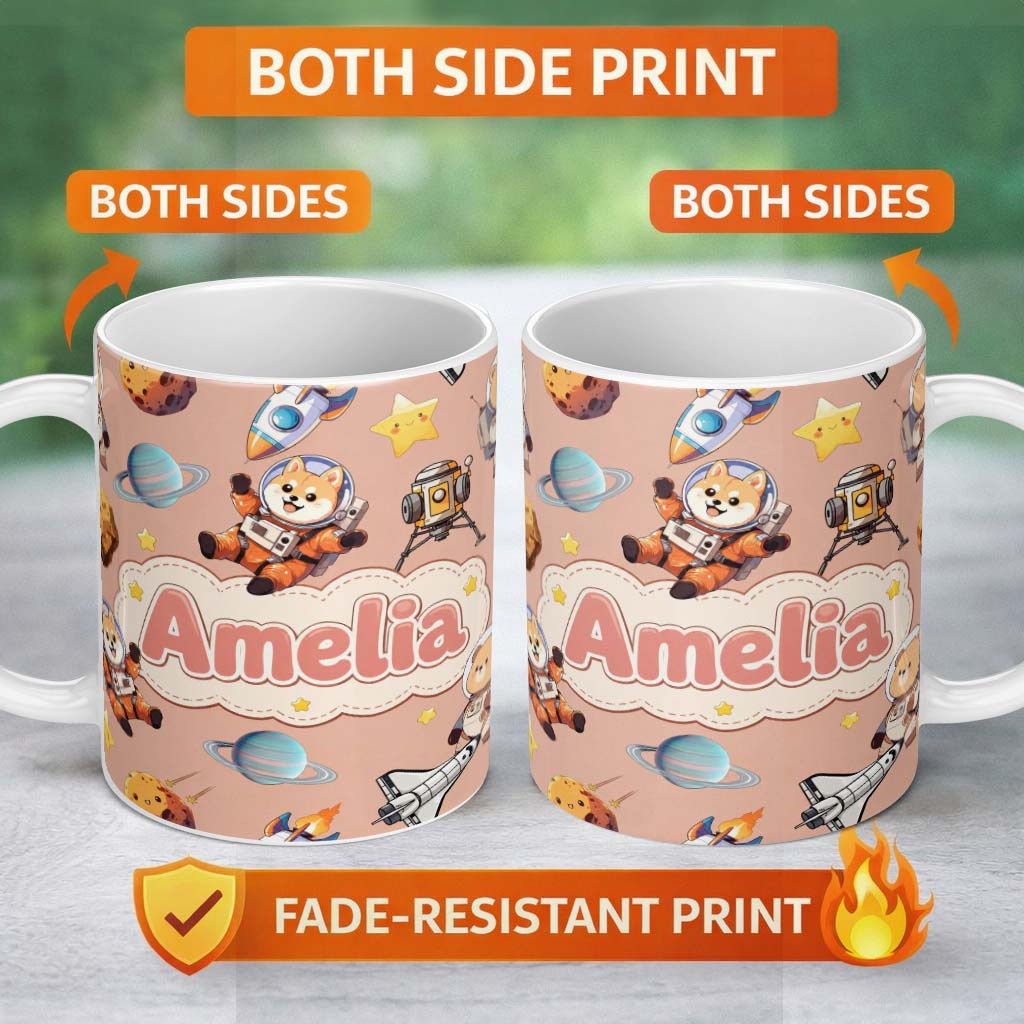 Personalized Custom Name Space Dog Bear Astronaut Rockets Planets Stars Seamless Peach 11oz Ceramic Coffee Tea Mug White Large Handle