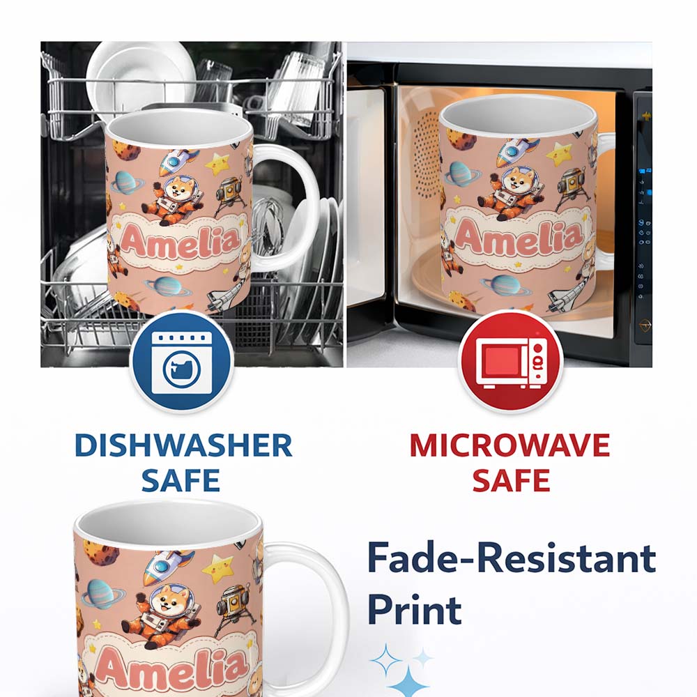 Personalized Custom Name Space Dog Bear Astronaut Rockets Planets Stars Seamless Peach 11oz Ceramic Coffee Tea Mug White Large Handle