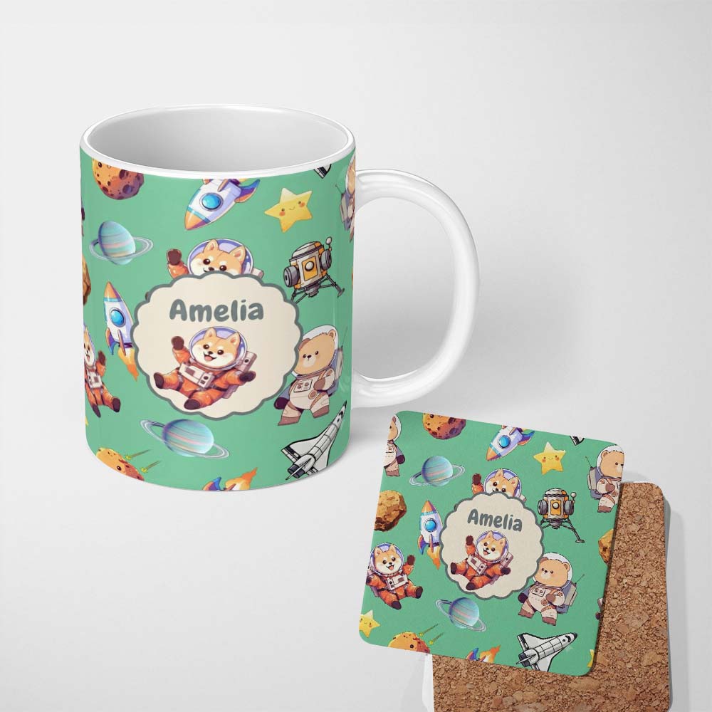 Personalized Custom Name Space Dog Bear Astronaut Rockets Planets Stars Seamless Green 11oz Ceramic Coffee Tea Mug White Large Handle