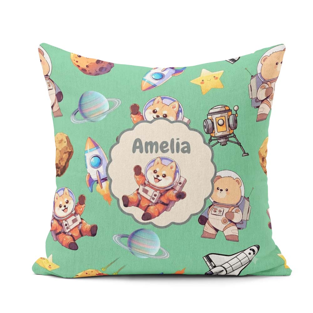 Custom Name Space Dog Bear Astronaut Rockets Planets Stars Green Square Filled Cushion Throw Pillow Sofa Bed Home Decor Zip Washable UK Made