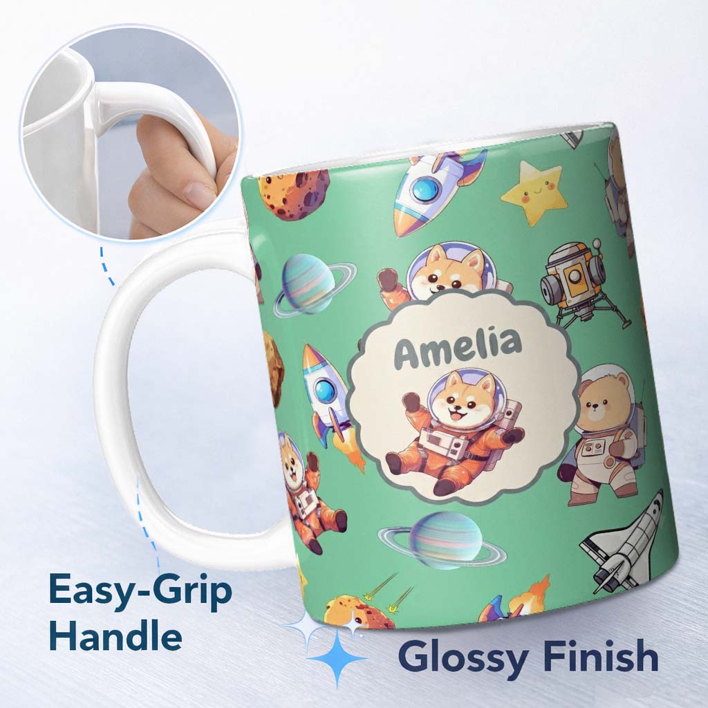 Personalized Custom Name Space Dog Bear Astronaut Rockets Planets Stars Seamless Green 11oz Ceramic Coffee Tea Mug White Large Handle