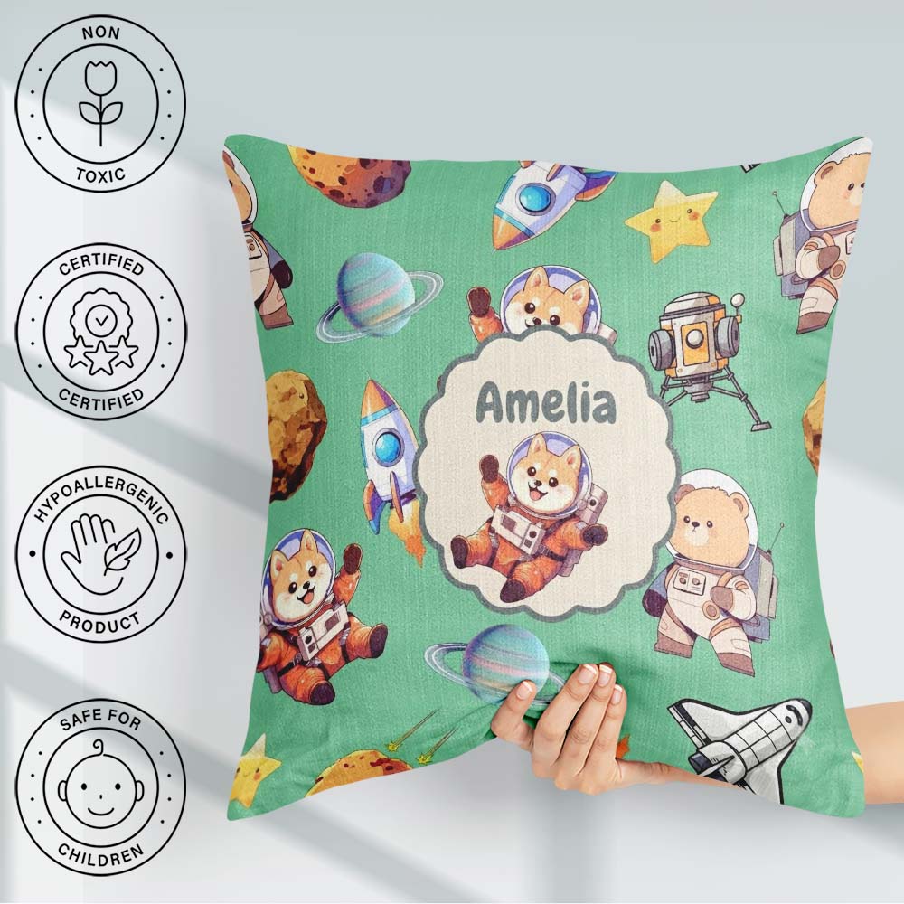 Custom Name Space Dog Bear Astronaut Rockets Planets Stars Green Square Filled Cushion Throw Pillow Sofa Bed Home Decor Zip Washable UK Made