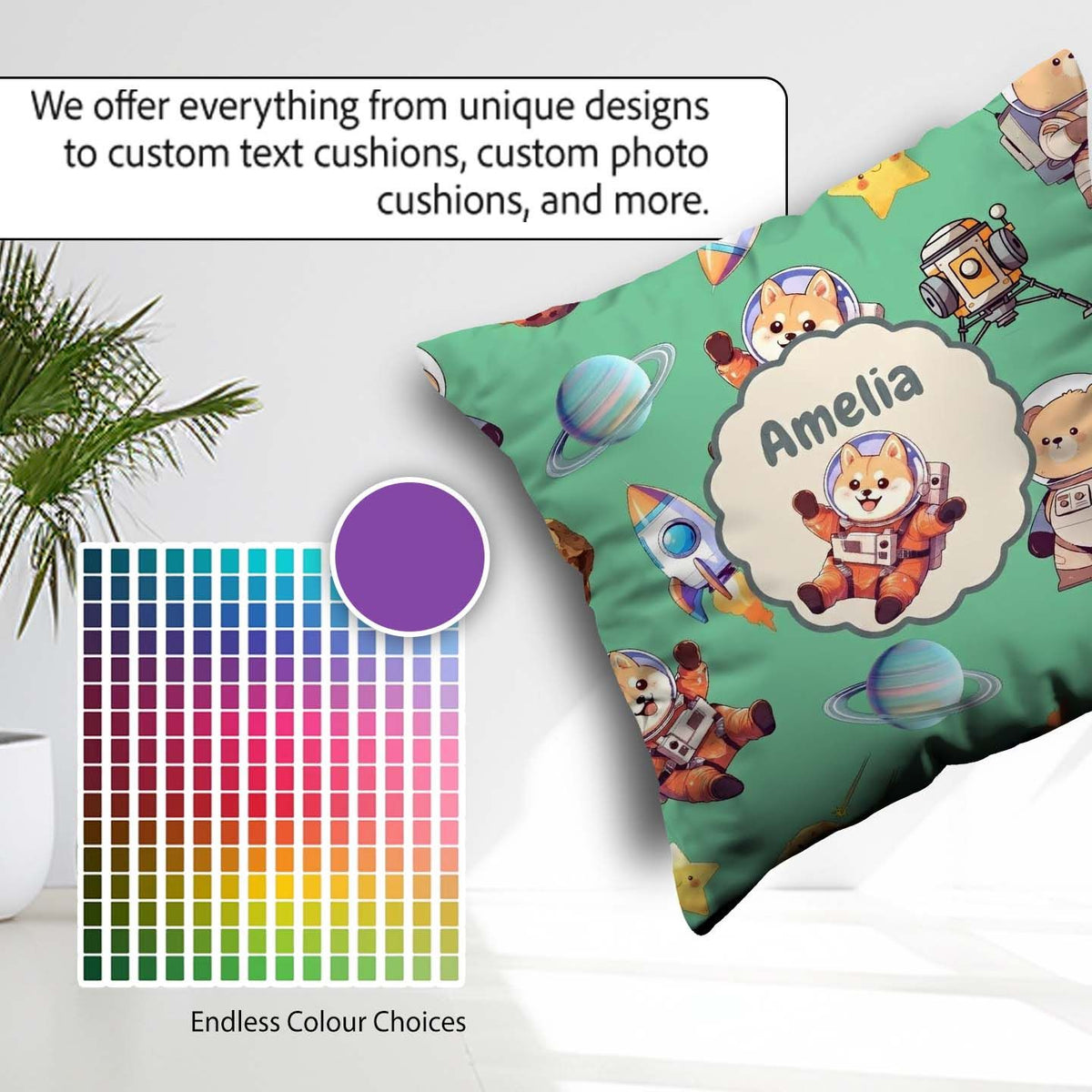 Custom Name Space Dog Bear Astronaut Rockets Planets Stars Green Square Filled Cushion Throw Pillow Sofa Bed Home Decor Zip Washable UK Made