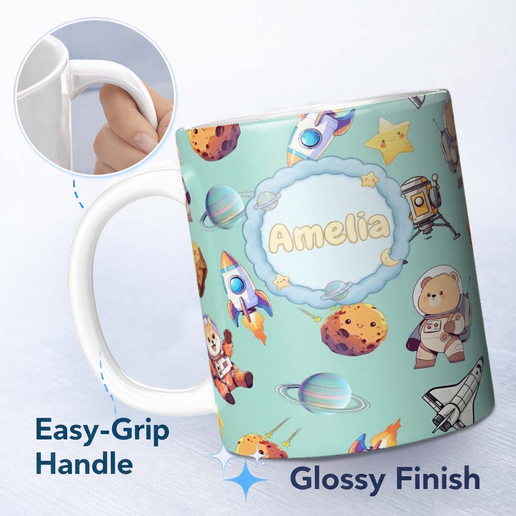 Personalized Custom Name Space Dog Bear Astronaut Rockets Planets Stars Seamless Teal 11oz Ceramic Coffee Tea Mug White Large Handle