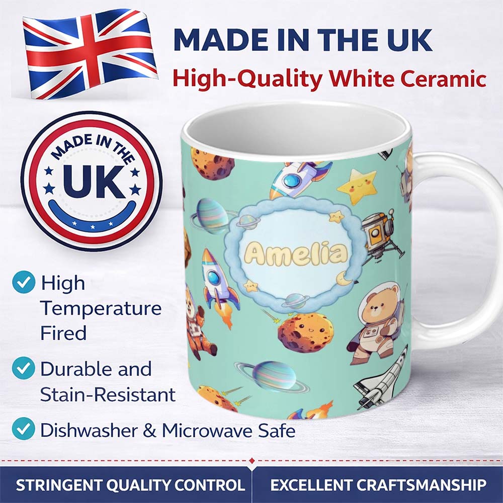 Personalized Custom Name Space Dog Bear Astronaut Rockets Planets Stars Seamless Teal 11oz Ceramic Coffee Tea Mug White Large Handle