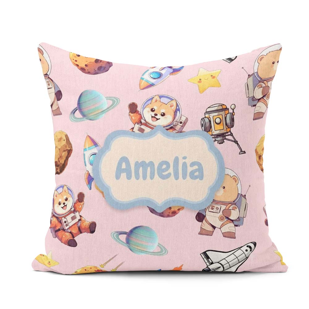 Custom Name Space Dog Bear Astronaut Rockets Planets Stars Blush Square Filled Cushion Throw Pillow Sofa Bed Home Decor Zip Washable UK Made