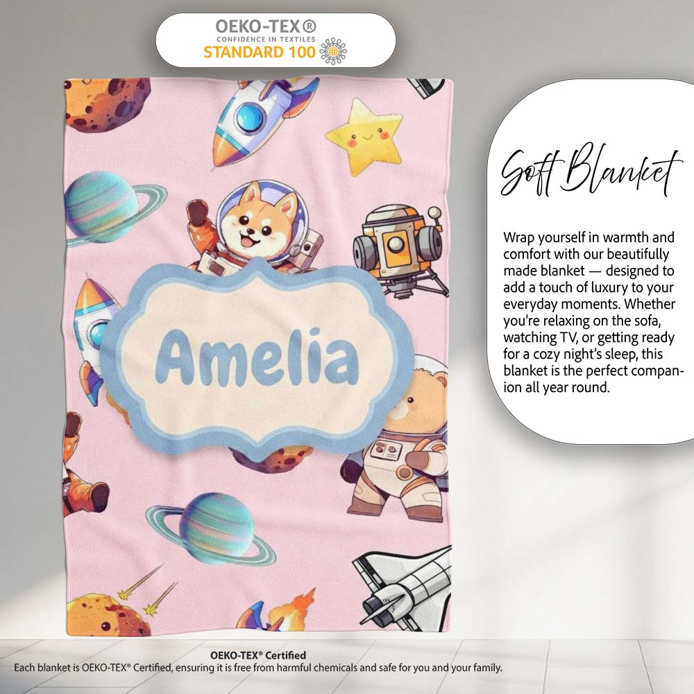 Space Dog Bear Astronaut Rockets Planets Stars Seamless Blush Pink Personalised Custom Name Super Soft Fleece Blanket Bed Sofa Throw