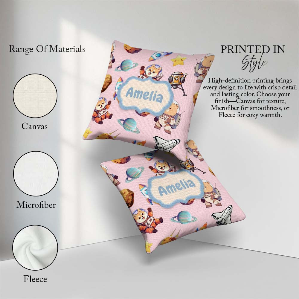 Custom Name Space Dog Bear Astronaut Rockets Planets Stars Blush Square Filled Cushion Throw Pillow Sofa Bed Home Decor Zip Washable UK Made
